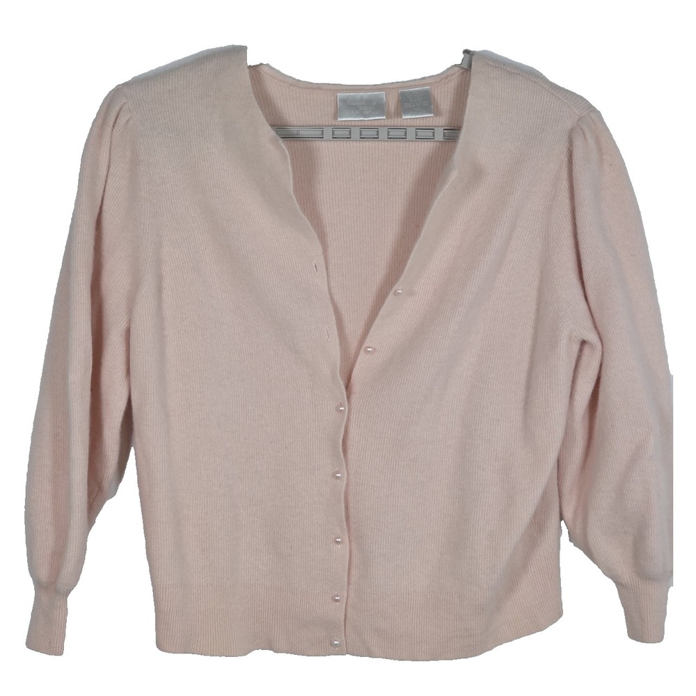 Elizabeth Williams Womens XL Pink Lambswool Angora Puff Sleeve Cardigan Knit